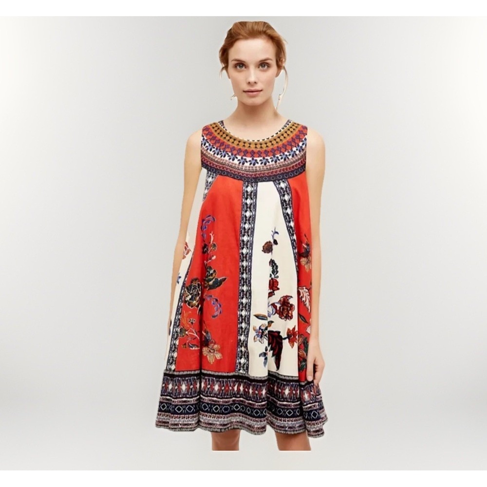 Maeve Anthropologie Cirque Swing Dress XS Floral Linen Flax Trapeze Knee Length